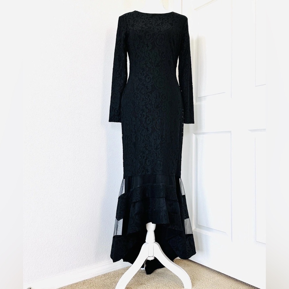 Ralph Lauren Womens Fluted Lace Gown Dress Long Sleeve Striped Hem Evening 2 - Picture 2 of 15
